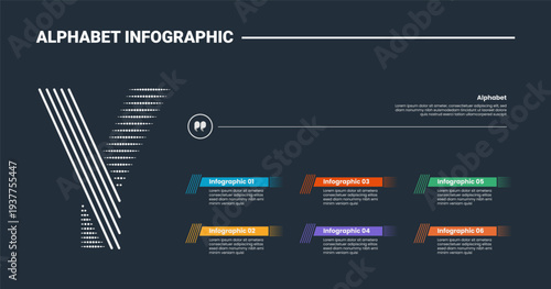 Alphabet infographic process diagram with letter Y on the left side with dark background bright outline style 6 points