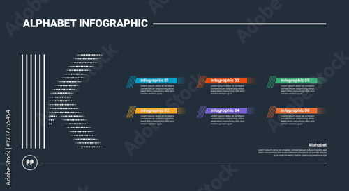 Alphabet infographic process diagram with letter K on left side with dark background bright outline style 6 points