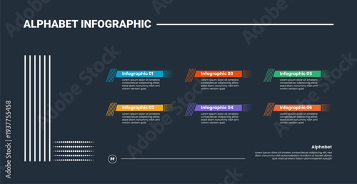Alphabet infographic process diagram with letter L on the left side with dark background bright outline style 6 points
