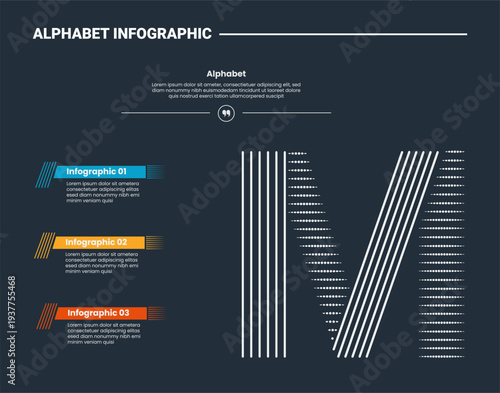 Alphabet infographic process diagram with letter M on the right side with dark background bright outline style 3 points