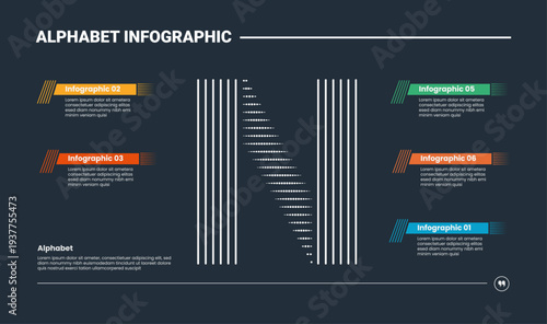 Alphabet infographic process diagram with letter N on the center base with dark background bright outline style 5 points