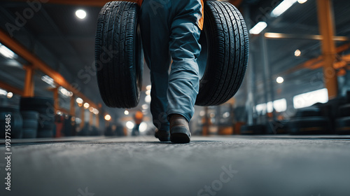 A worker carries two large tires in an industrial warehouse