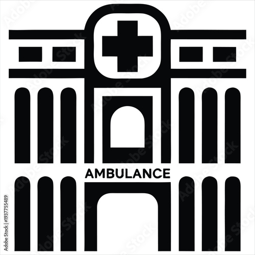 Modern emergency hospital building vector icon with 'AMBULANCE' text, symbolizing urgent medical care.