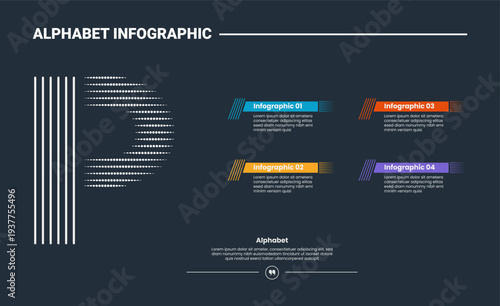 Alphabet infographic process diagram with letter P on the left side with dark background bright outline style 4 points