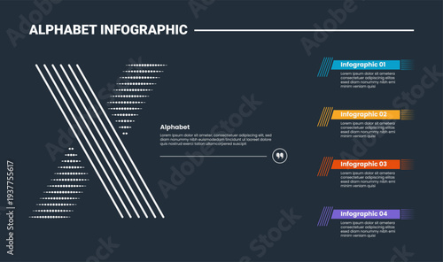 Alphabet infographic process diagram with letter X on the left side with dark background bright outline style 4 points