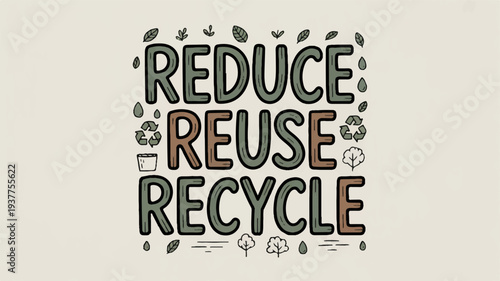 Eco friendly reduce reuse recycle text with leaf and flower icons on beige background for environmental conservation
