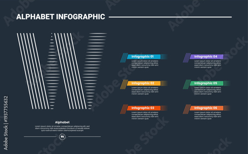 Alphabet infographic process diagram with letter W on the left side with dark background bright outline style 6 points
