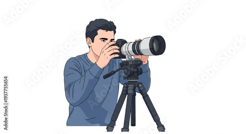 Photographer taking picture with camera on tripod in studio setting from waist level viewpoint