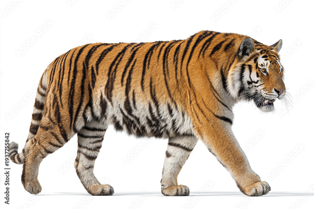 Fototapeta premium A powerful tiger walking on a clean white background