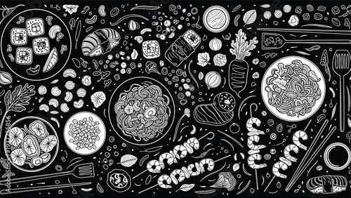 Intricate hand-drawn doodle pattern on a black background showcases various sushi rolls, noodles, seafood, and vegetables.