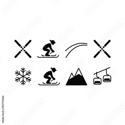 Skiing and snow sports icons set with ski lifts and mountains