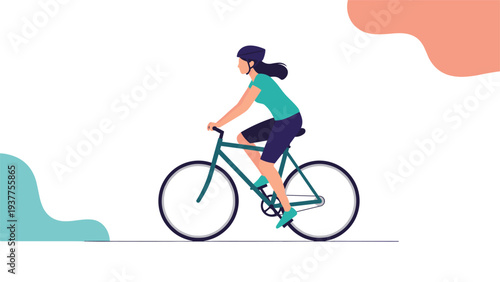 Active woman wearing a safety helmet rides a green bicycle against a simple background with colorful abstract shapes.