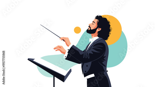 Elegant symphony orchestra conductor in a tuxedo leads a performance with a baton against a stylized backdrop.