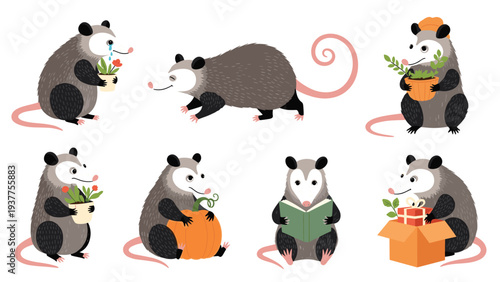 Cute opossums are shown in various human-like activities such as reading a book, holding a pumpkin, and crying over a plant.