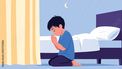 Young boy in a blue shirt kneels by his bed in prayer under the crescent moon during a peaceful night at home.