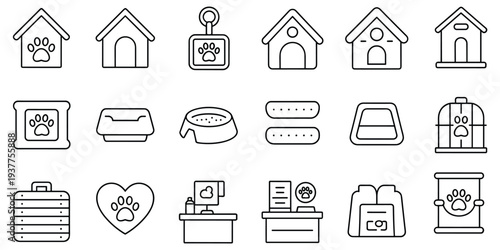 Collection of Pet Care and Animal Shelter Icons in Outline Style house