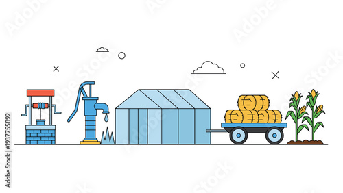 Colorful farm landscape illustration features a water well, hand pump, greenhouse, hay cart, and healthy growing corn plants.
