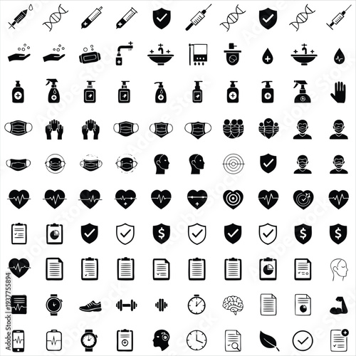 Minimalist icons for preventive healthcare and public health, focusing on wellness and safety.