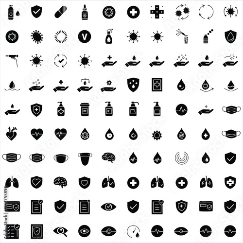 Minimalist icons illustrating preventive healthcare, public health, and fighting viruses.