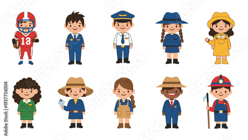 Collection of diverse children dressed in various professional career uniforms representing different occupations and dreams.