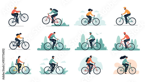 Set of diverse people riding different types of bicycles in various outdoor environments for leisure and commuting.