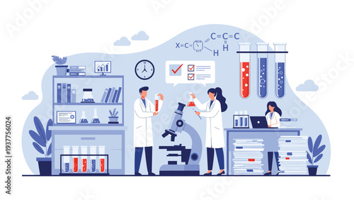 Group of professional scientists conducting research in a modern laboratory with high tech equipment and chemical formulas on the wall.