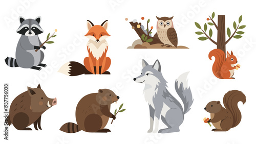 Diverse collection of cute woodland animals including fox, wolf, owl, and raccoon depicted in a charming nature scene.