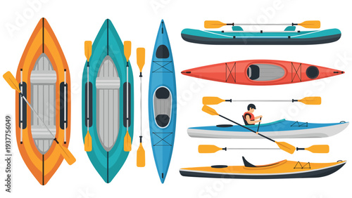 Vector illustration featuring various types of colorful kayaks and a person rowing on a lake, perfect for outdoor sports and adventure designs.