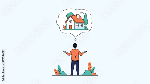 Person standing in a field thinking about their future dream house depicted in a thought bubble, illustrating real estate aspirations.