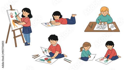 Set of creative children engaged in various artistic activities like painting on an easel and drawing on paper for school or hobby themes.