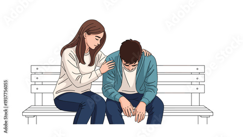 Compassionate woman offering emotional support and comfort to a grieving man while sitting together on a white park bench.