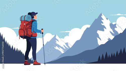 Lone hiker with a heavy backpack standing on a snowy ridge and admiring the stunning mountain range peaks under a bright blue sky.
