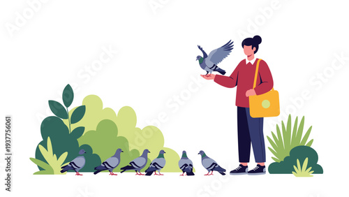 Young woman standing in a lush green park feeding a flock of pigeons gathered around her on the ground, depicting a peaceful urban scene.