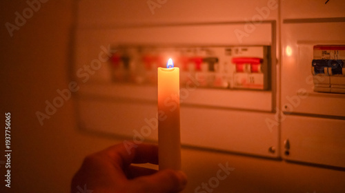 Hand holding a lit candle, providing light in front of an electrical panel with circuit breakers, illustrating a power cut and the absence of electricity in a home