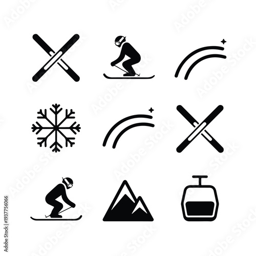Skiing and snowboarding icons including skis snowflakes mountains and lifts