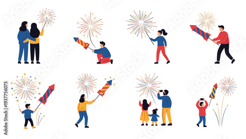 People of different ages celebrating with fireworks and sparkling firecrackers during a festival or holiday event against a white background.