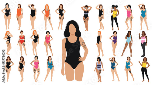 Diverse group of women in black and colorful swimsuits showcasing various tattoos on their arms and legs, celebrating body art and diversity.
