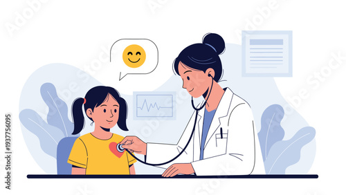Friendly female pediatrician using a stethoscope to examine a young girl during a routine medical checkup in a bright and welcoming clinic.