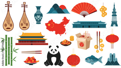 Collection of Chinese cultural icons including a map of China, a giant panda, traditional architecture, lanterns, and local food items.
