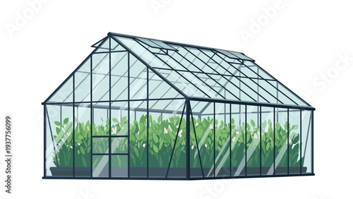Large glass greenhouse structure filled with rows of vibrant green plants and flowers growing under controlled conditions in a garden.