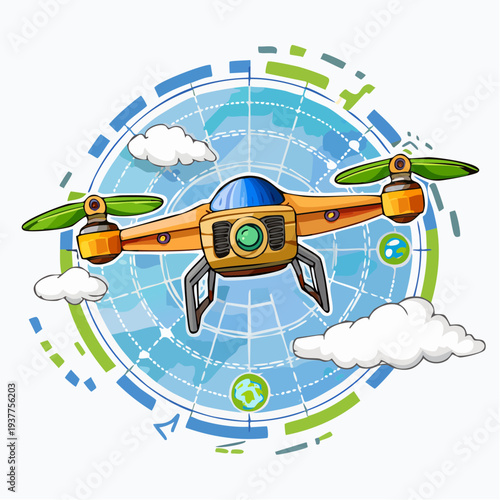 futuristic stealth drone flying in high altitude sky with navigation grid overlay, clean modern vector illustration