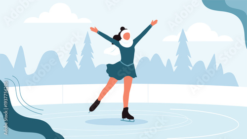 Young female figure skater performing a graceful routine on an outdoor ice rink surrounded by a winter forest landscape and white clouds.