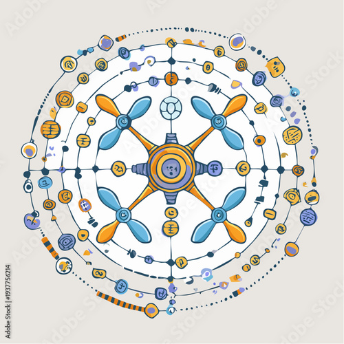 futuristic stealth drone flying in high altitude sky with navigation grid overlay, clean modern vector illustration