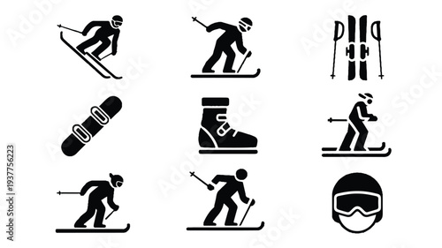 Skiing icons set with various silhouettes of skiers and ski equipment on white background