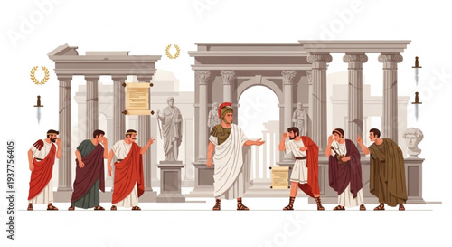 Ides of March Roman Senate Scene with Senator, Betrayal, and Political Intrigue Flat Vector Illustration