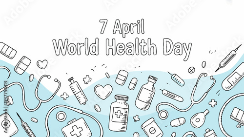 World health day medical icons and symbols on blue background with stethoscope pills and syringe for healthcare and wellness concept on april 7th