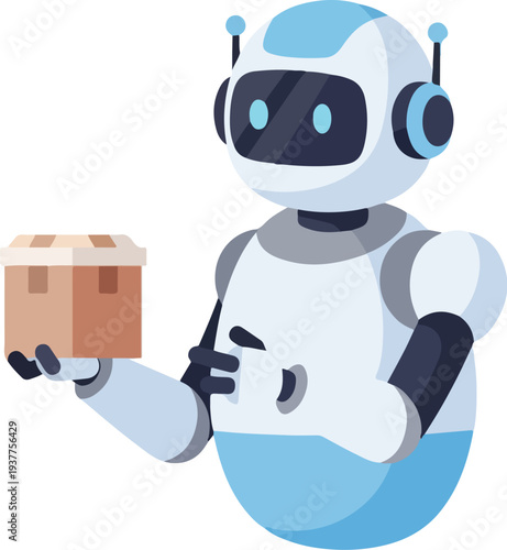Robot character holding cardboard box in hand