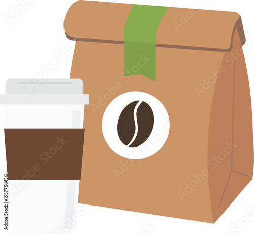 Minimalist coffee bag and takeaway cup vector illustration in flat design style. It features a kraft paper coffee bag with a coffee bean label and a disposable takeaway coffee cup with a sleeve.