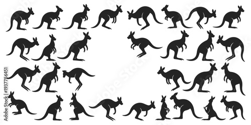 Group of Black Kangaroo Silhouettes in Dynamic Poses on White Background animal marsupial
