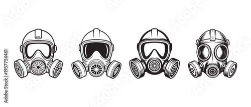 Vintage Gas Mask Illustrations, Safety Protection Equipment, Respirator Masks for Hazardous Environments.